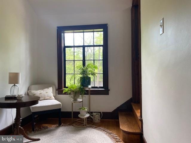 living area with wood finished floors, healthy amount of natural light, and baseboards