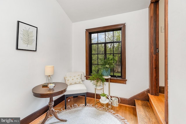 living area featuring wood finished floors, baseboards, and vaulted ceiling