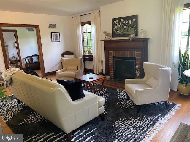 living area featuring wood finished floors and a fireplace