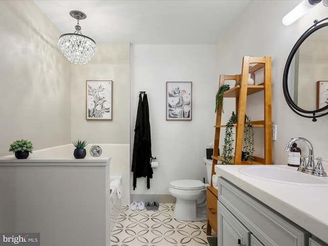 209 Hogan Dr, Basye, VA 22810 - full bathroom featuring vanity, toilet, a bath, a chandelier, and tile patterned flooring