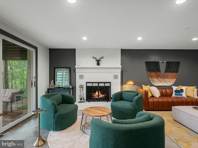 209 Hogan Dr, Basye, VA 22810 - living area with recessed lighting, a fireplace, and finished concrete flooring
