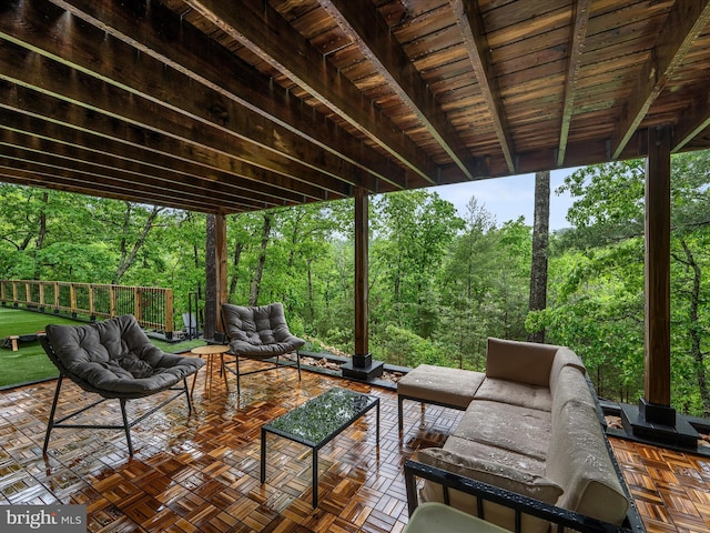 209 Hogan Dr, Basye, VA 22810 - view of patio featuring an outdoor living space and a view of trees