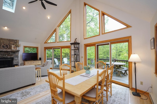2119 Rock Lodge Rd, Mc Henry, MD 21541 - dining space with high vaulted ceiling, a ceiling fan, a stone fireplace, wood finished floors, and a baseboard heating unit