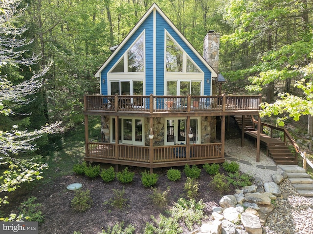 2119 Rock Lodge Rd, Mc Henry, MD 21541 - back of house featuring a wooden deck, stone siding, stairs, and a chimney