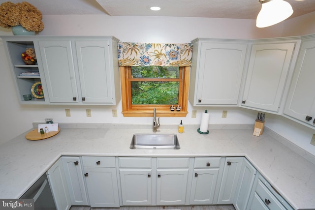 2119 Rock Lodge Rd, Mc Henry, MD 21541 - kitchen featuring a sink, open shelves, light stone counters, and dishwasher