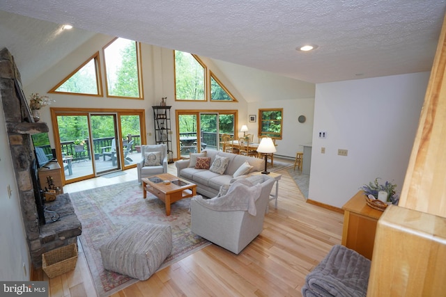 2119 Rock Lodge Rd, Mc Henry, MD 21541 - living area featuring light wood-style flooring, a textured ceiling, high vaulted ceiling, baseboards, and a stone fireplace
