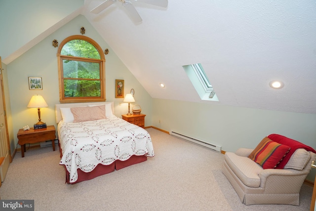 2119 Rock Lodge Rd, Mc Henry, MD 21541 - bedroom featuring baseboard heating, vaulted ceiling, carpet flooring, a skylight, and a ceiling fan