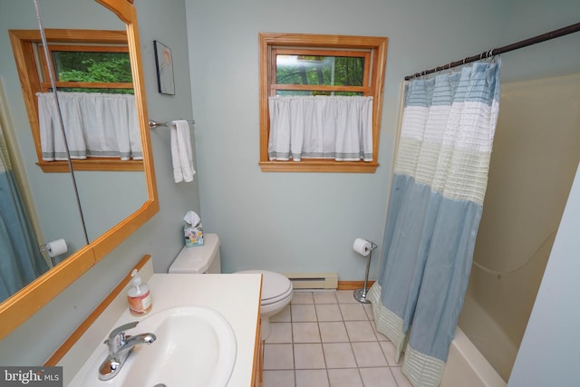 2119 Rock Lodge Rd, Mc Henry, MD 21541 - bathroom with a baseboard radiator, toilet, tile patterned floors, vanity, and shower / bath combination with curtain