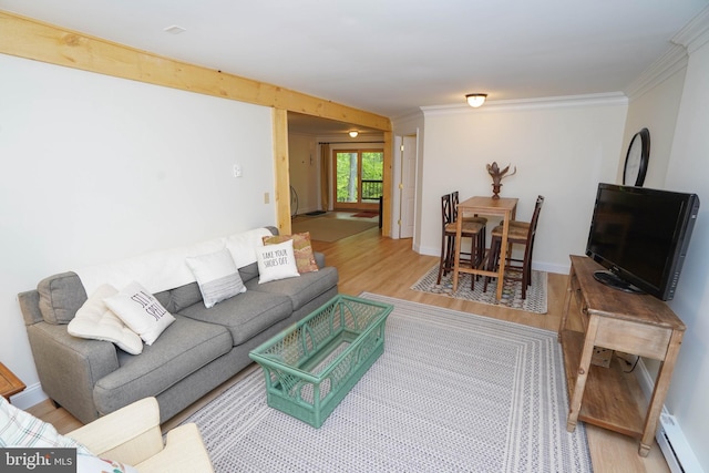 2119 Rock Lodge Rd, Mc Henry, MD 21541 - living area with a baseboard heating unit, wood finished floors, and crown molding