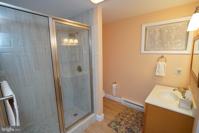 2119 Rock Lodge Rd, Mc Henry, MD 21541 - full bathroom with baseboard heating, a shower stall, wood finished floors, vanity, and toilet