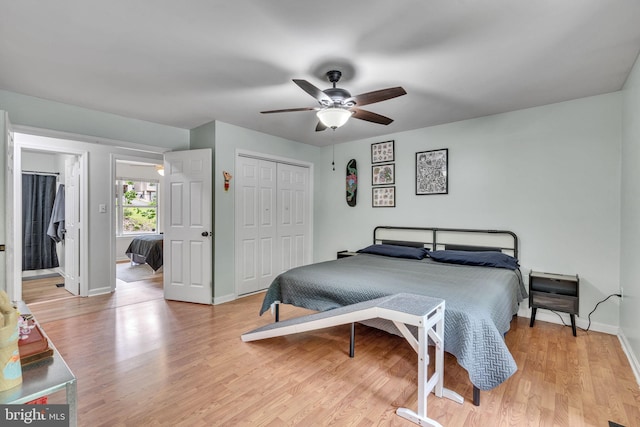 486 Round Up Rd, Lusby, MD 20657 - bedroom featuring light wood-type flooring, baseboards, a closet, and ceiling fan