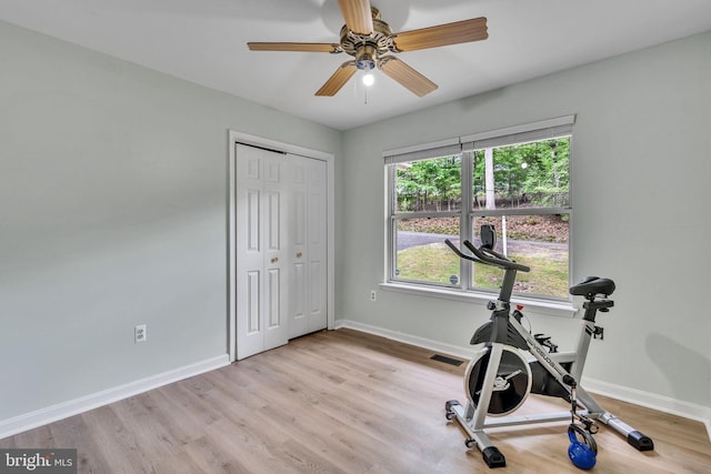 486 Round Up Rd, Lusby, MD 20657 - workout room with light wood-type flooring, baseboards, and ceiling fan