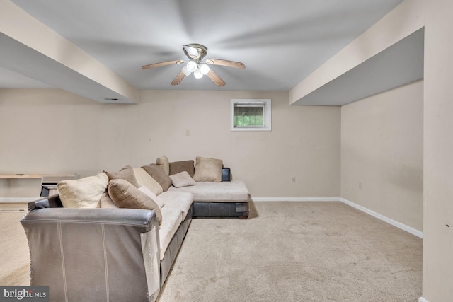 486 Round Up Rd, Lusby, MD 20657 - carpeted living room featuring a ceiling fan and baseboards