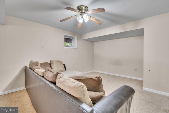 486 Round Up Rd, Lusby, MD 20657 - living room featuring light colored carpet, baseboards, and a ceiling fan