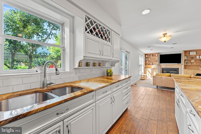 kitchen featuring a sink, a fireplace, white cabinets, backsplash, and light stone countertops
