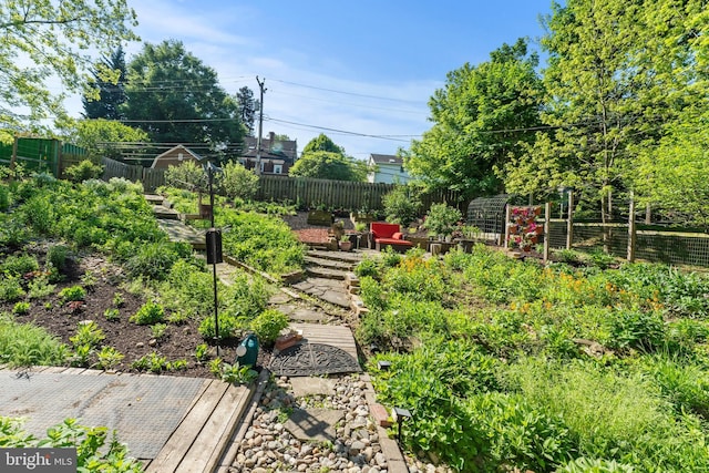 view of yard featuring a vegetable garden and fence