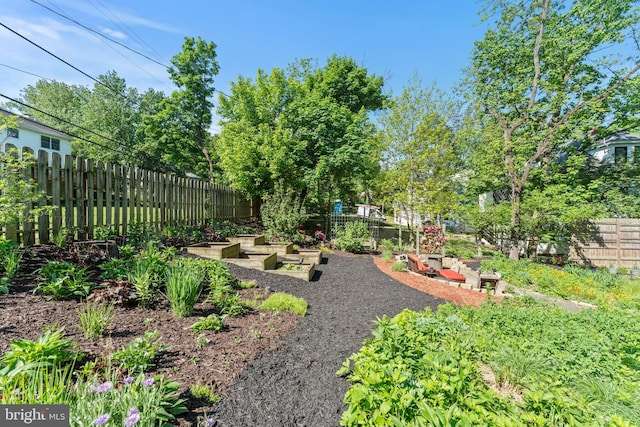 fenced backyard featuring a garden