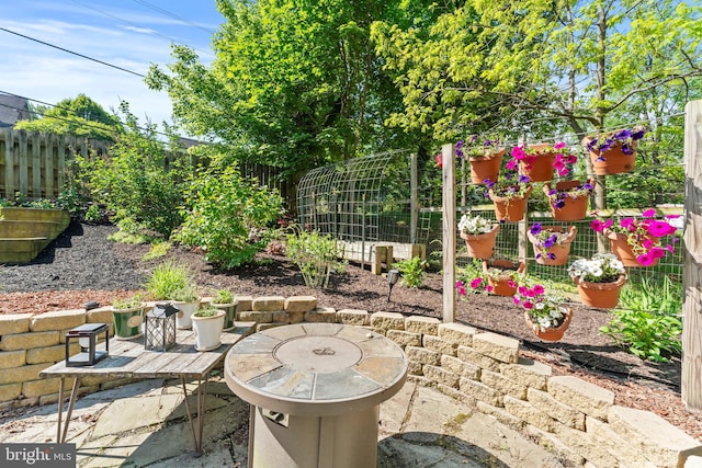 view of patio featuring a fenced backyard and a fire pit