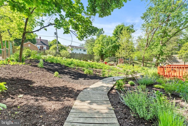 view of community featuring fence