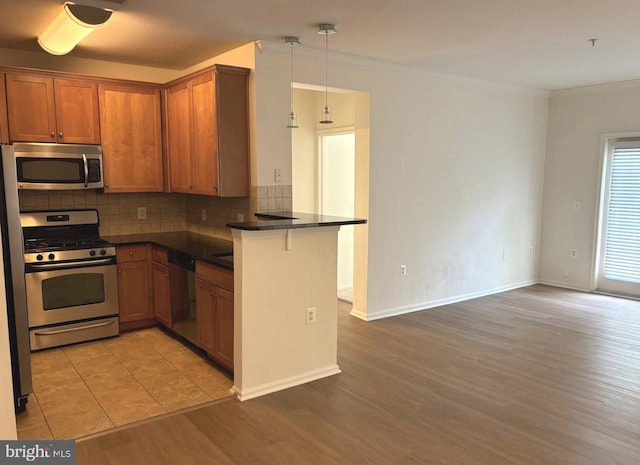 kitchen featuring a peninsula, light wood-style flooring, dark countertops, stainless steel appliances, and decorative backsplash