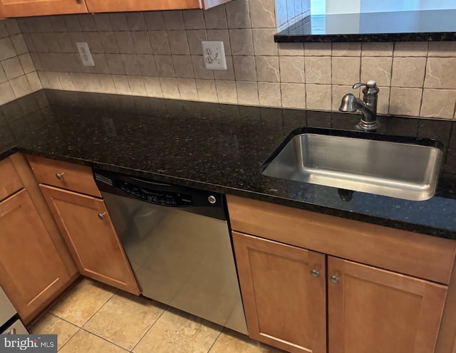 kitchen featuring backsplash, dishwasher, dark stone countertops, and a sink