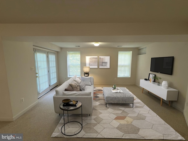 living area featuring baseboards and light colored carpet