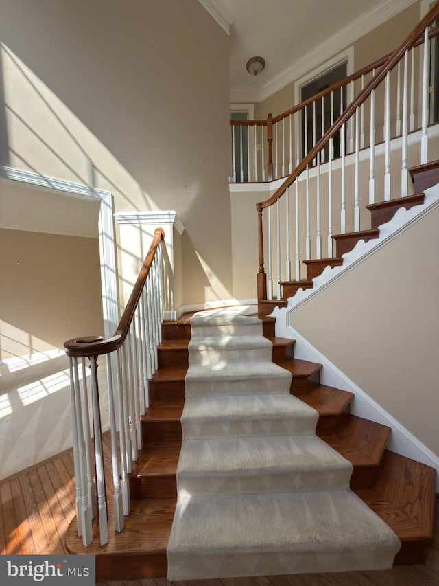 staircase with crown molding and wood finished floors