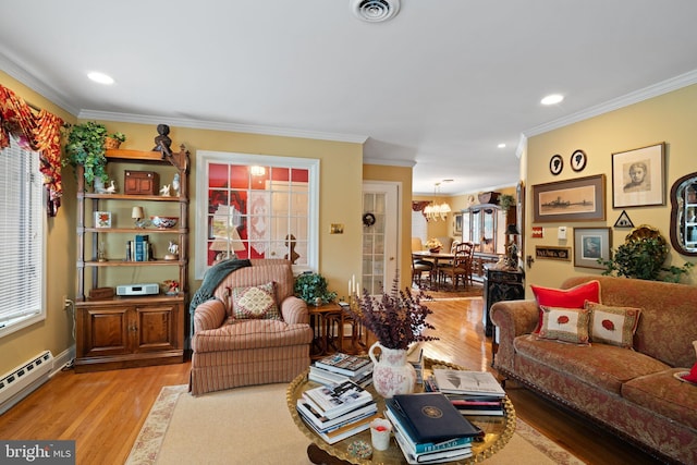 87 Ash Rd, Manahawkin, NJ 08050 - living area with crown molding, a baseboard heating unit, light wood-type flooring, a chandelier, and recessed lighting