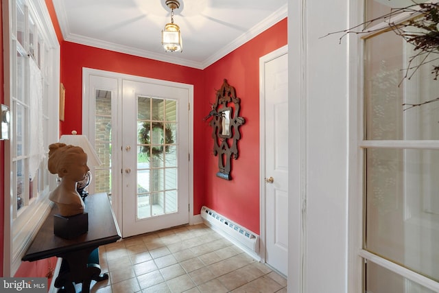 87 Ash Rd, Manahawkin, NJ 08050 - foyer entrance featuring light tile patterned flooring, crown molding, baseboards, and a baseboard radiator