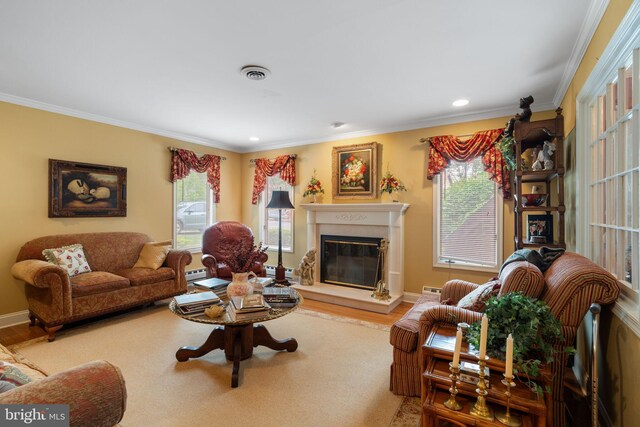 87 Ash Rd, Manahawkin, NJ 08050 - living area with a high end fireplace, crown molding, wood finished floors, recessed lighting, and baseboards
