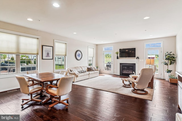 10809 Glowing Hearth Way, Monrovia, MD 21770 - living room with a fireplace with flush hearth, healthy amount of natural light, recessed lighting, and hardwood / wood-style flooring