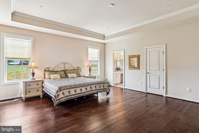 10809 Glowing Hearth Way, Monrovia, MD 21770 - bedroom featuring a raised ceiling, ornamental molding, dark wood-style floors, multiple windows, and baseboards