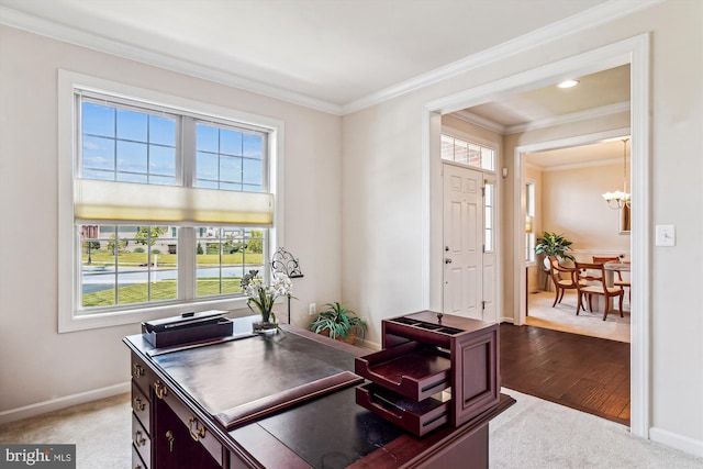 10809 Glowing Hearth Way, Monrovia, MD 21770 - home office featuring healthy amount of natural light, a chandelier, ornamental molding, and baseboards