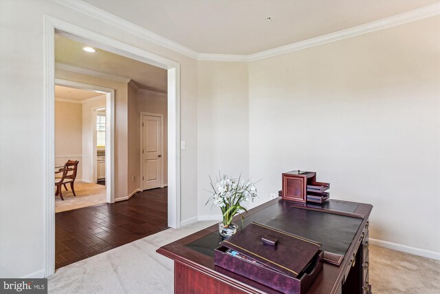 10809 Glowing Hearth Way, Monrovia, MD 21770 - carpeted office featuring crown molding, baseboards, and wood finished floors