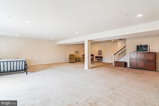 10809 Glowing Hearth Way, Monrovia, MD 21770 - finished basement featuring recessed lighting, carpet floors, baseboards, and stairs