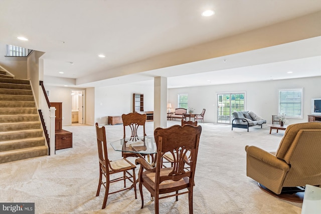 10809 Glowing Hearth Way, Monrovia, MD 21770 - dining room with light carpet, recessed lighting, and stairway