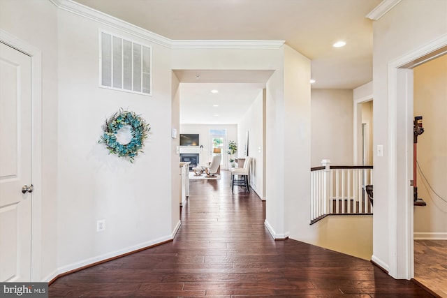 10809 Glowing Hearth Way, Monrovia, MD 21770 - hallway with an upstairs landing, hardwood / wood-style floors, baseboards, recessed lighting, and crown molding