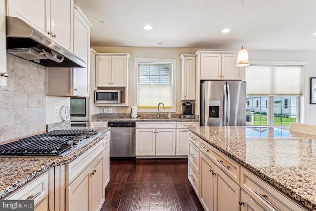 10809 Glowing Hearth Way, Monrovia, MD 21770 - kitchen featuring stainless steel appliances, under cabinet range hood, dark wood-style floors, light stone counters, and a sink