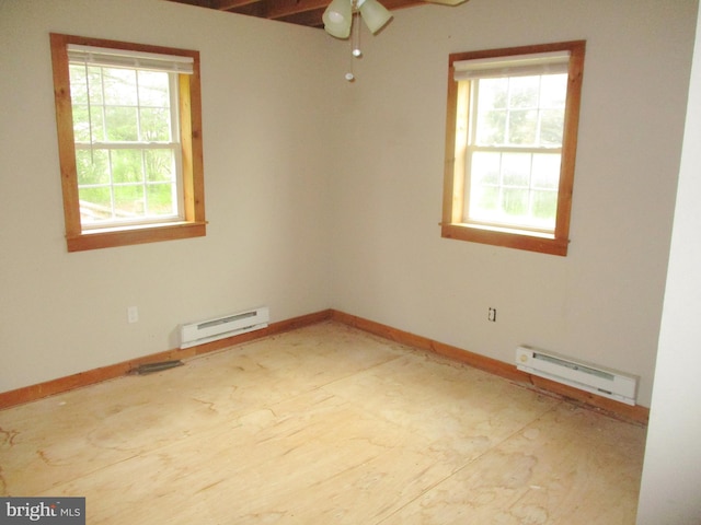 unfurnished room featuring a baseboard radiator, baseboards, and a ceiling fan