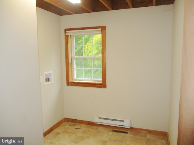 spare room featuring baseboards, a baseboard radiator, and visible vents