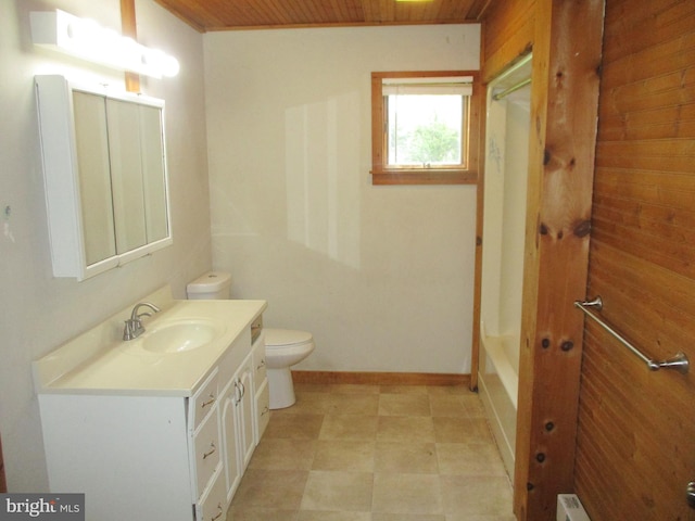 bathroom with vanity, toilet, wood ceiling, and baseboards