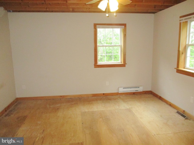 empty room featuring visible vents, baseboards, baseboard heating, and ceiling fan
