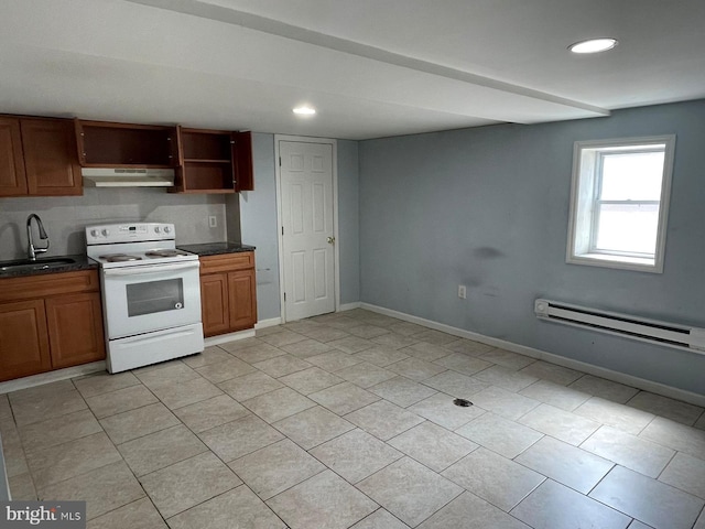 kitchen with a sink, a baseboard heating unit, under cabinet range hood, white electric stove, and dark countertops