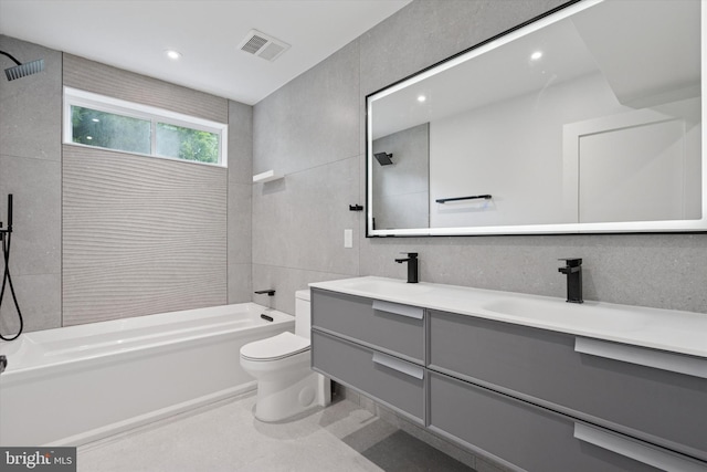 160 Union Ave, Bala Cynwyd, PA 19004 - bathroom with tile walls, shower / washtub combination, double vanity, toilet, and recessed lighting