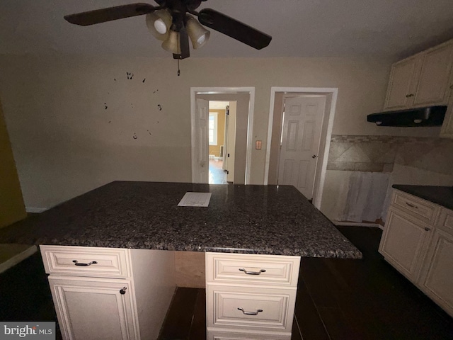 4703 Fayette Dr, Bristol, PA 19007 - kitchen with a ceiling fan, exhaust hood, white cabinetry, a peninsula, and an office area