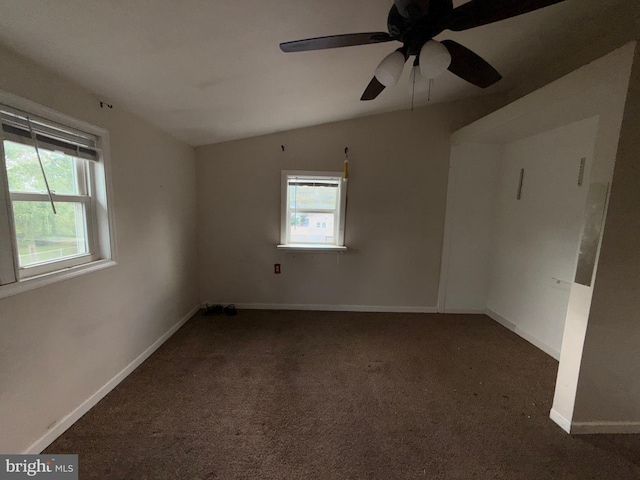 4703 Fayette Dr, Bristol, PA 19007 - spare room featuring vaulted ceiling, healthy amount of natural light, carpet floors, a ceiling fan, and baseboards
