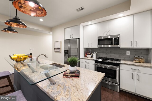 kitchen featuring appliances with stainless steel finishes, a sink, recessed lighting, decorative backsplash, and dark wood-style floors