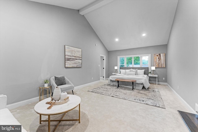 7606 Millrace Rd, Capitol Heights, MD 20743 - living area with high vaulted ceiling, carpet floors, beamed ceiling, recessed lighting, and baseboards