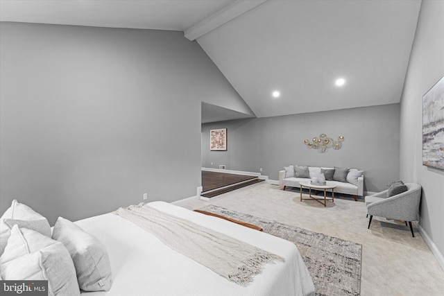 7606 Millrace Rd, Capitol Heights, MD 20743 - carpeted bedroom featuring beam ceiling, baseboards, and high vaulted ceiling