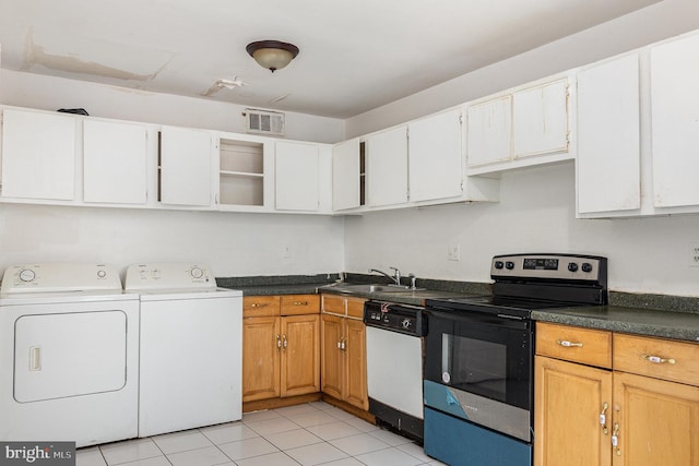 kitchen featuring range with electric cooktop, washing machine and clothes dryer, dishwasher, a sink, and dark countertops